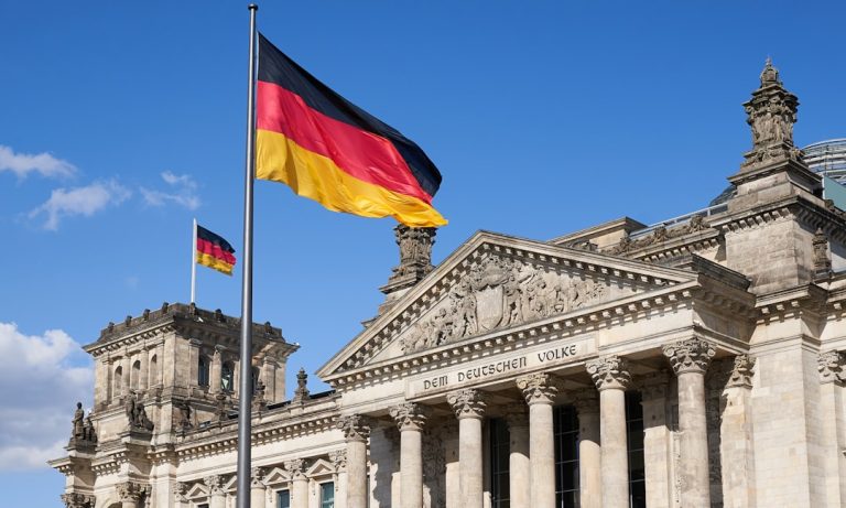 German flags outside the Reichstag building in Berlin